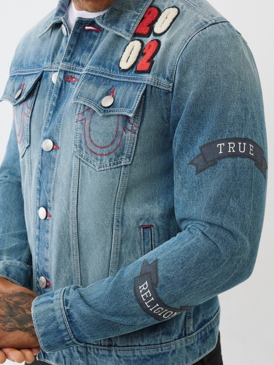 True Religion Other - True Religion Light Blue Denim Jacket with Patch Accents